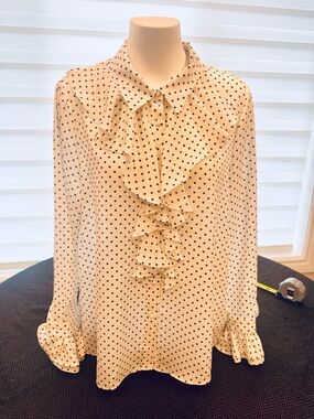 Polka Dot Ruffle Front Blouse - Cream with Black Dots